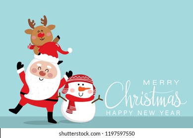 Merry Christmas and happy new year with cute Santa Claus, reindeer and snowman. Holidays cartoon character vector.