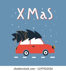 Merry Christmas and Happy New Year greeting card with cute red car and christmas tree. Hand drawn design template for postcard, poster, invitation. Vector illustration.