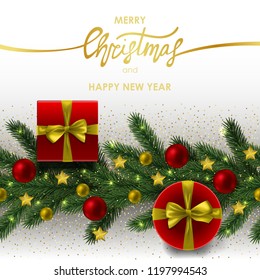 Merry Christmas and Happy New Year invitation card with gold geometric frame on white background. Template with fir tree template for greeting, winter holiday cards, posters, covers with text place.