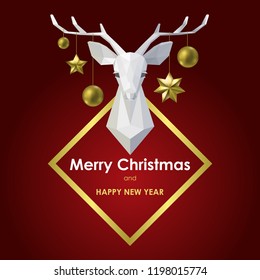 Merry Christmas and Happy New Year Template with deer head polygonal vector model. Modern luxury minimalistic mock up for greeting card, party invitation, forest hotels with animal style.