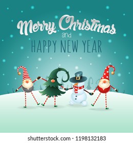 Merry Christmas and happy New Year greeting card with text - happy friends celebrate Christmas on winter landscape