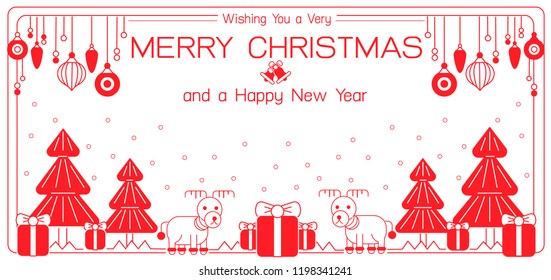 Merry Christmas and Happy New Year greeting card,banner templates  in outline linear, line art style with deer, gifts, festive decorations, holiday attributes and Christmas tree. Vector illustration.