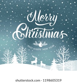 Merry Christmas and Happy New Year  typography vector design for greeting cards and poster. Merry Christmas hand lettering. Christmas  with winter landscape with snowflakes,light. Vector illustration.