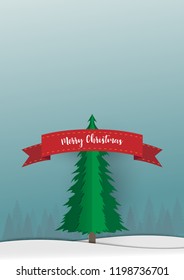 Merry Christmas and Happy New Year background. Santa Claus, Snowman and Christmas tree ,paper art and digital craft style. Vector illustration.