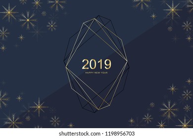 Merry Christmas and Happy New Year 2019 greeting card with golden snowflakes. Happy new year 2019. Holiday greeting card vector template for posters, placards, banners and flyers. Vector illustration