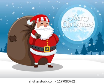 Merry Christmas and happy new year. Cartoon Santa Claus standing in the snow with on the moon background. Vector Illustration.