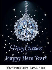Merry Christmas and Happy New year Diamond greeting card with xmas ball, vector illustration