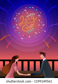 Merry Christmas and Happy New Year 2019 Greeting card with sweet couple having a romantic dinner outdoor, vector illustration.