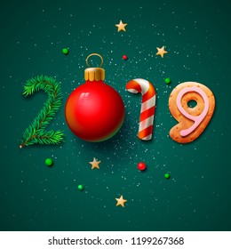 Merry Christmas and Happy New Year 2019 greeting card, vector illustration.