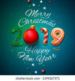 Merry Christmas and Happy New Year 2019 greeting card, vector illustration.