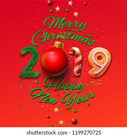 Merry Christmas and Happy New Year 2019 greeting card, vector illustration.