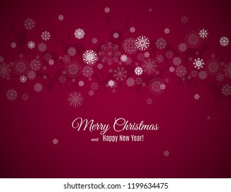 Merry Christmas and Happy New Year greeting card with deers and snowflakes pattern on dark red background. Abstract background for Christmas decoration. Vector snowfall illustration