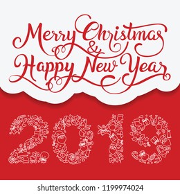 Merry Christmas and Happy new year 2019 typography with doodle art.