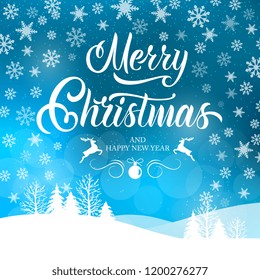 Merry Christmas and Happy New Year  typography vector design for greeting cards and poster. Merry Christmas hand lettering. Christmas  with winter landscape with snowflakes,light. Vector illustration.