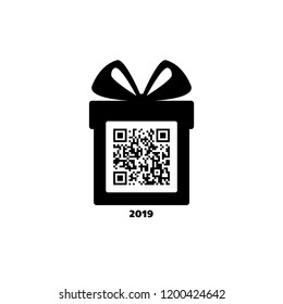 Merry Christmas and Happy New Year! Gift box with bow and greetings. Icon. Black and white. Vector QR code. 2019