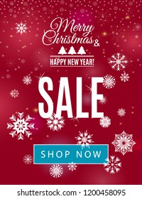 Merry Christmas and Happy New Year sale template with snoflakes isolated on dark wine background. Abstract snowfall blurry background for your discount banner design. Vector snow illustration