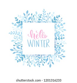 Merry Christmas and Happy New Year 2019 vector card. Holidays frame with leaves and branches. Hand drawn lettering phrase for holidays design, greeting cards, posters on white background.