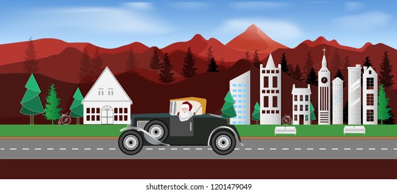 Merry Christmas & Happy New Year background with colorful santa claus in vintage car for your Seasonal Flyers and Greetings Card or party theme invitations. Vector illustration.
