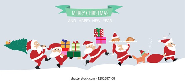 Merry Christmas and Happy new year with Santa Cluse on winter background. Cartoon vector illustration.