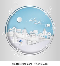 Merry Christmas and Happy New Year. Santa Claus on the sky coming to City. with winter landscape with snowflakes, light, stars. Merry Christmas card. paper art and craft style. Vector illustration