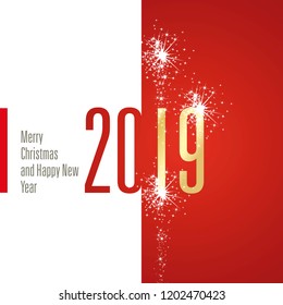 Merry Christmas Happy New Year 2019 firework white red gold banner vector greeting card