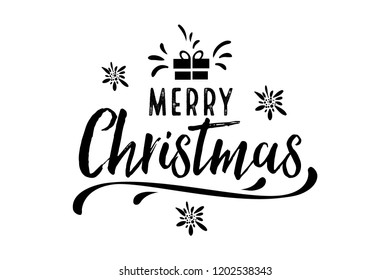 Merry Christmas, happy New Year letter text card text. Typography inscription decoration poster winter holiday design. Black color gift, snowflakes, snow. Vector illustration.