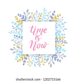 Merry Christmas and Happy New Year vector card. Holidays round frame with leaves and branches. Hand drawn lettering phrase for holidays design, greeting cards, posters on white background.