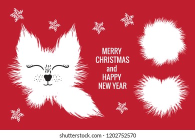 Merry Christmas and Happy New Year card with white cute fox adn fur heart round. Vector illustration isolated on red background.
