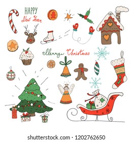 Merry Christmas and Happy New Year hand drawn vector set with holiday and decoration elements, such as deer, sleigh, xmas tree, candy, gifts, mistletoe, gingerbreadman, cookies and hand lettering