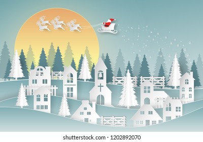 Merry Christmas and Happy New Year background. Santa Claus, Snowman and Christmas tree ,paper art and digital craft style. Vector illustration.