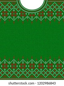  Merry Christmas and Happy New Year greeting card template. Vector illustration Handmade knitted background pattern with scandinavian ornaments. 