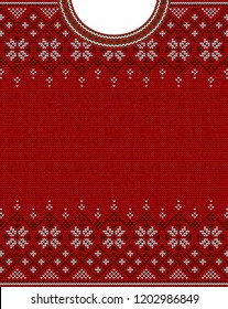  Merry Christmas and Happy New Year greeting card template. Vector illustration Handmade knitted background pattern with scandinavian ornaments. 