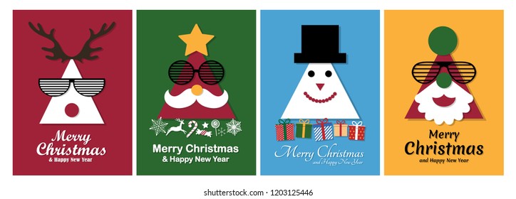 Merry Christmas and Happy New Year on colorful background. Greeting Card of cartoon element Xmas. Vector Illustration.