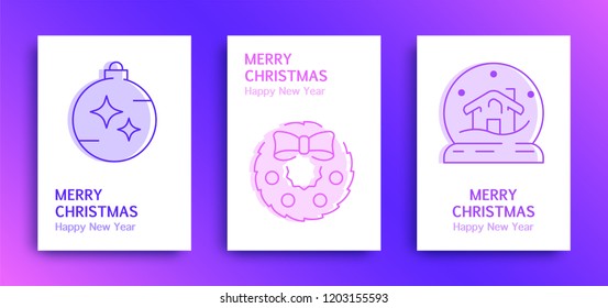 Merry Christmas and happy New Year greetings cards with gradient, trio-tone backgrounds