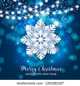 Merry Christmas and Happy new year. Winter winter origami paper cut 3d snowflake vector background light garland