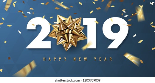 merry christmas and happy new year 2019 vector greeting card and poster design with golden ribbon and star.