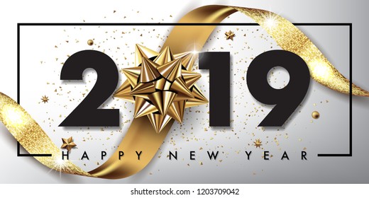 merry christmas and happy new year 2019 vector greeting card and poster design with golden ribbon and star.