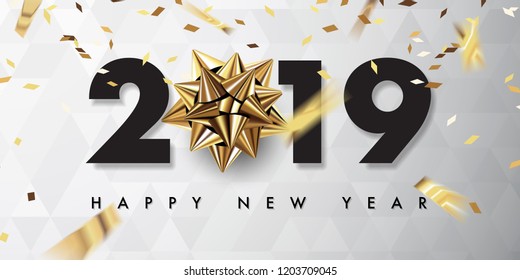 merry christmas and happy new year 2019 vector greeting card and poster design with golden ribbon and star.