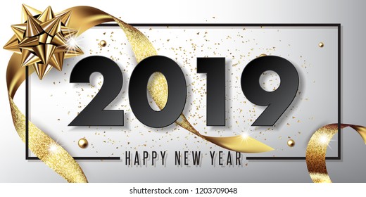 merry christmas and happy new year 2019 vector greeting card and poster design with golden ribbon and star.