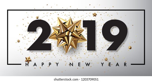 merry christmas and happy new year 2019 vector greeting card and poster design with golden ribbon and star.