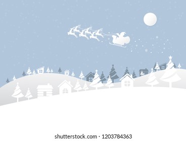 Merry Christmas and Happy New Year. Winter and snow landscape of Santa Claus on the sky. Vector illustration