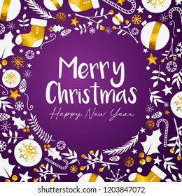 Merry Christmas Happy New Year Golden Purple Background