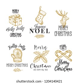 Merry Christmas and Happy New Year Abstract Vector Signs, Labels or Logo Templates Set. Hand Drawn Deer, Candy Canes, Holly, Gift Box and Sock Sketches with Retro Typography. Isolated.
