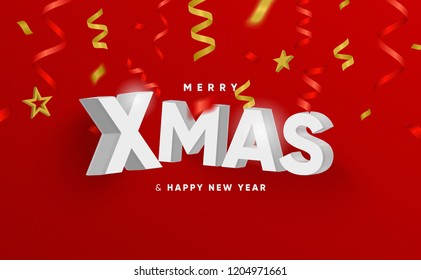Merry Christmas and Happy New Year creative illustration. 3D text on red. golden confetti. realistic art for banner, poster, web, ad, promotion, sale, social media, billboard, post card, print.