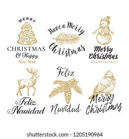 Merry Christmas and Happy New Year Abstract Vector Signs, Labels or Logo Templates Set. Hand Drawn Deer, Tree Cookie, Snowman, Bird and Needle Branch with Retro Typography. Isolated.