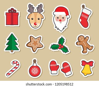 Merry Christmas and Happy New Year cute symbols set: patches of Santa Claus, reindeer, gingerbread man, candy, gift, ball, bell, Christmas tree, mittens. Winter holiday stickers. Vector illustration