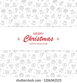 Merry christmas and happy new year banner. Greeting card with icons pattern background.