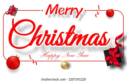 Merry Christmas and Happy New Year background with black gift box, balls christmas