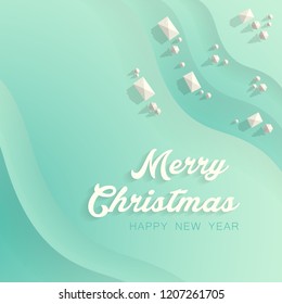 Merry Christmas and Happy New Year Typographical Paper cut background with winter landscape card. Vector Illustration