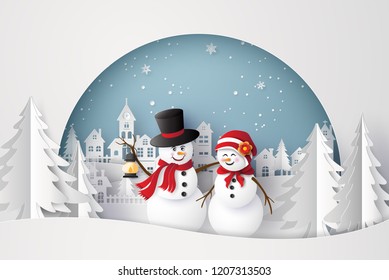 Merry Christmas and Happy New Year. Illustration of snow man in the village,paper art and craft style